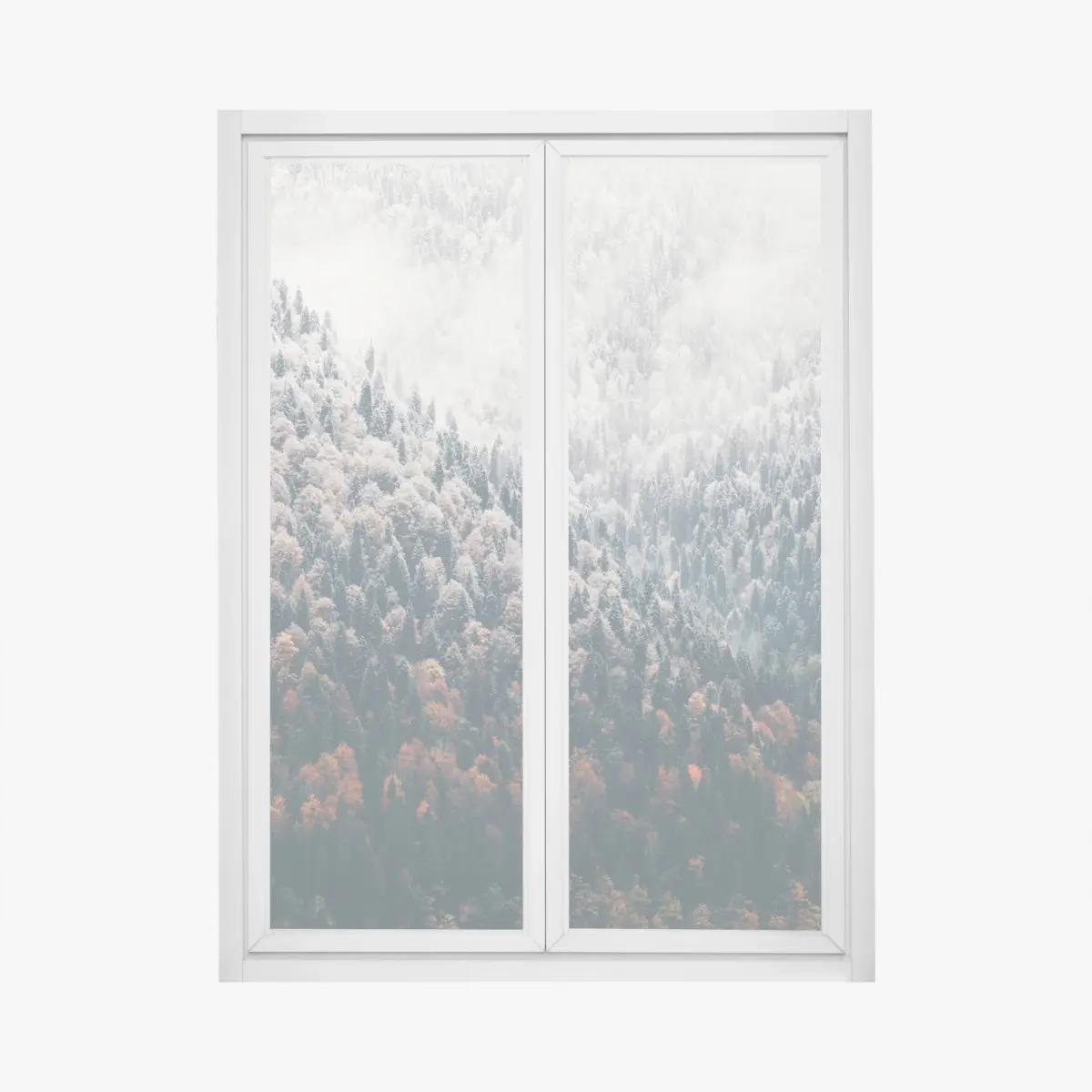 Fensteraufkleber nebliger herbstwald am schneebedeckten berg – Wallnifity®