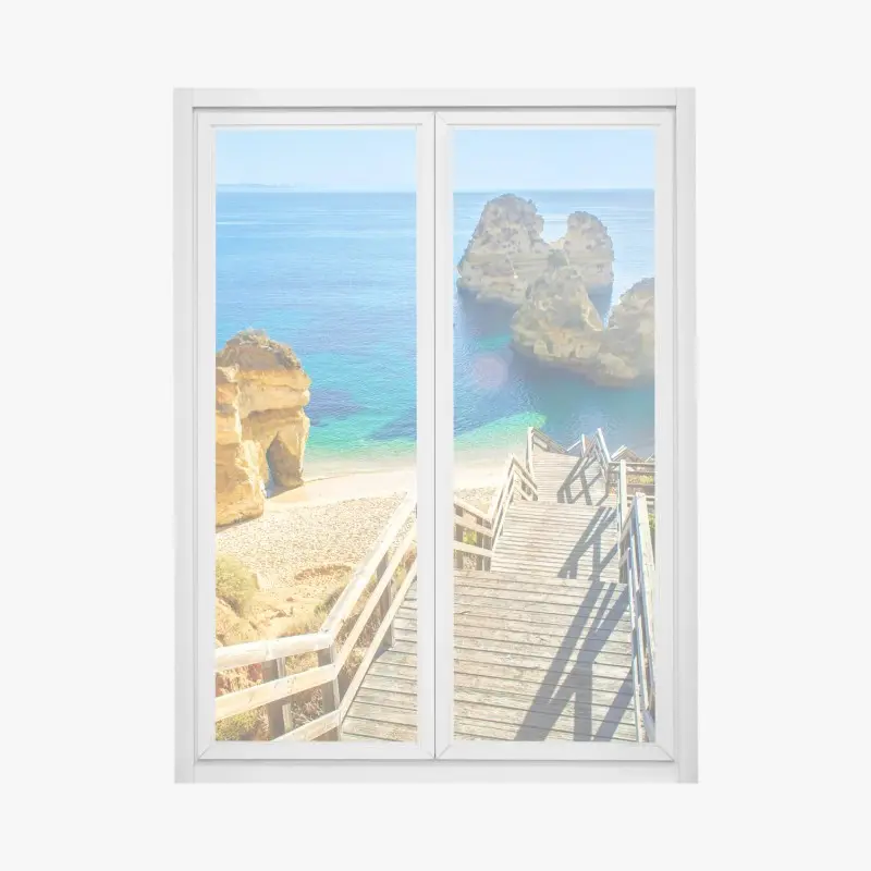 Fensteraufkleber sonnige treppe zur türkisfarbenen bucht