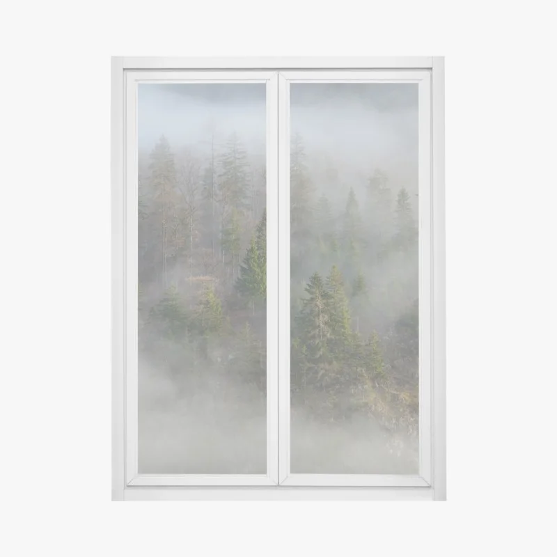 Fensteraufkleber nebliger bergwald