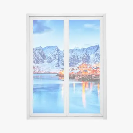 Fensteraufkleber verschneites küstendorf unter hohen bergen – Wallnifity®
