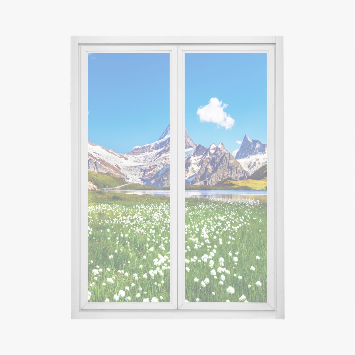 Fensteraufkleber alpensee mit blumenwiese und berggipfeln – Wallnifity®