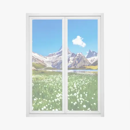 Fensteraufkleber alpensee mit blumenwiese und berggipfeln – Wallnifity®