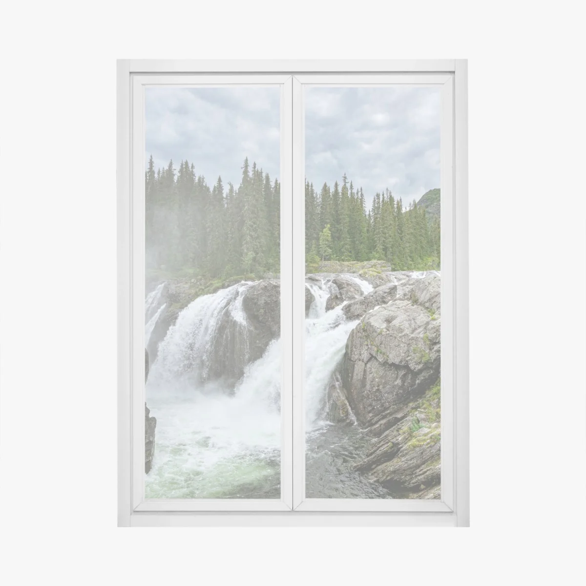Fensteraufkleber nebliger wasserfall im dichten kiefernwald – Wallnifity® Fensteraufkleber nebliger wasserfall im dichten kiefernwald – Wallnifity®