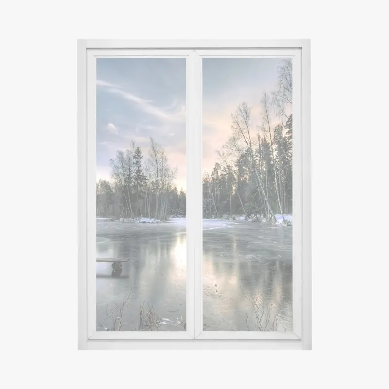 Fensteraufkleber vereister see im dämmerlicht mit waldspiegelung