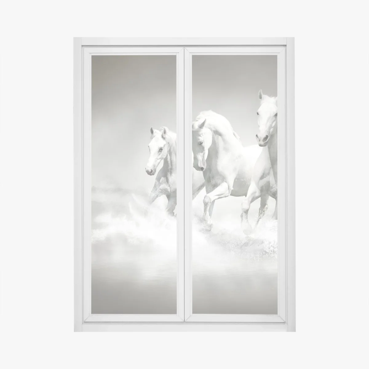 Fensteraufkleber drei weiße pferde im galopp durch wasser – Wallnifity® Fensteraufkleber drei weiße pferde im galopp durch wasser – Wallnifity®