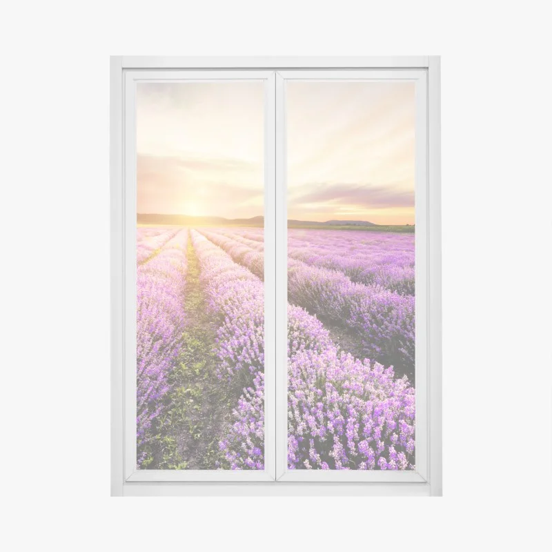 Fensteraufkleber sonnenaufgang über lavendelfeldern – Wallnifity®