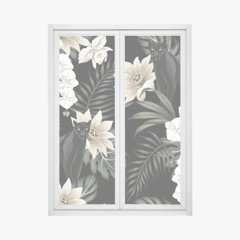 Fensteraufkleber botanisches muster mit schwarzem panther – Wallnifity®