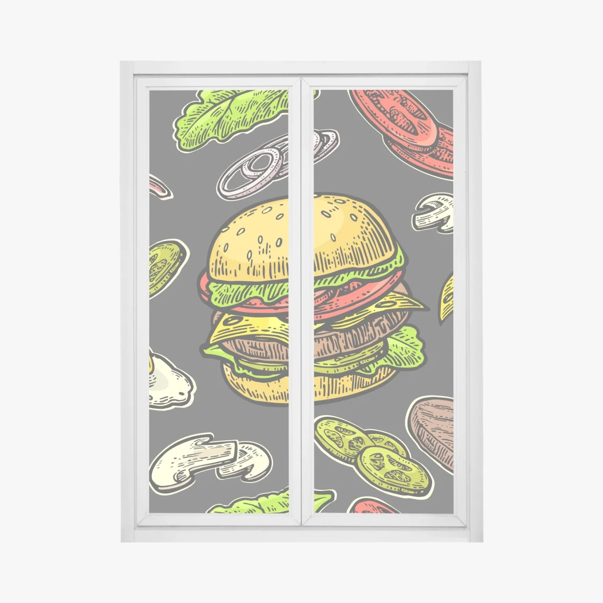 Fensteraufkleber buntes burger-muster mit zutaten – Wallnifity® Fensteraufkleber buntes burger-muster mit zutaten – Wallnifity®