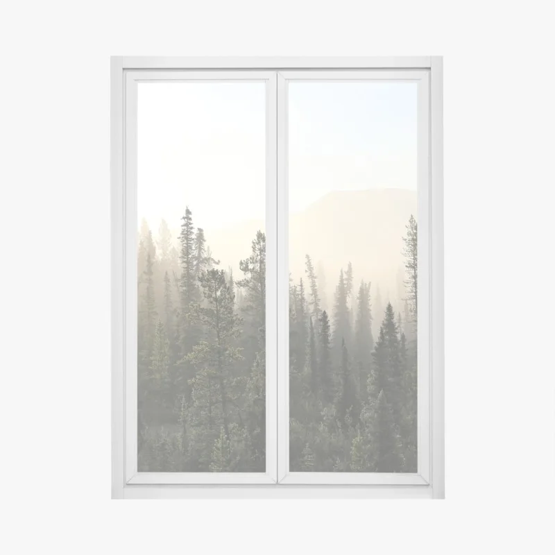 Fensteraufkleber nebliger kiefernwald bei sonnenaufgang