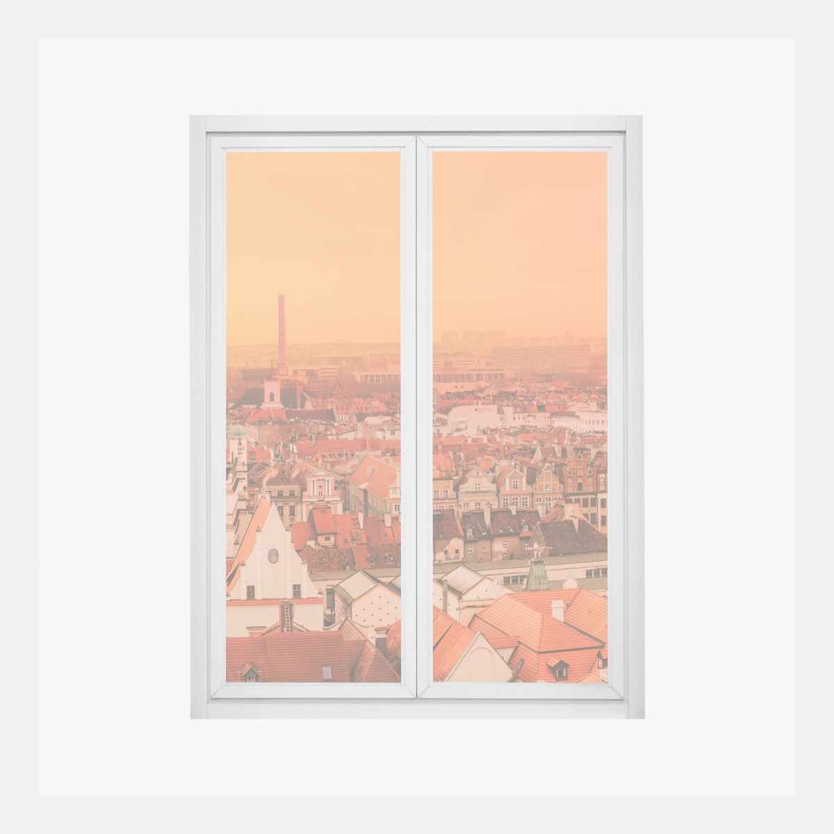 Fensteraufkleber warmer sonnenuntergang über historischen stadtdächern – Wallnifity®