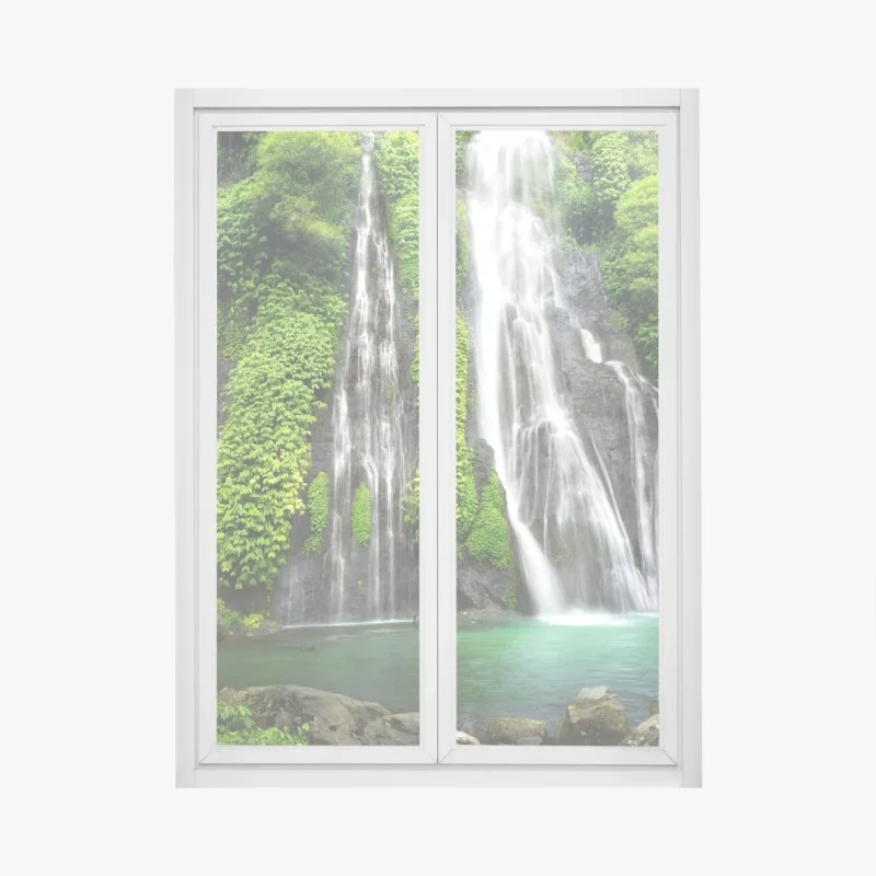 Fensteraufkleber ruhiger wasserfall im smaragdgrünen wald