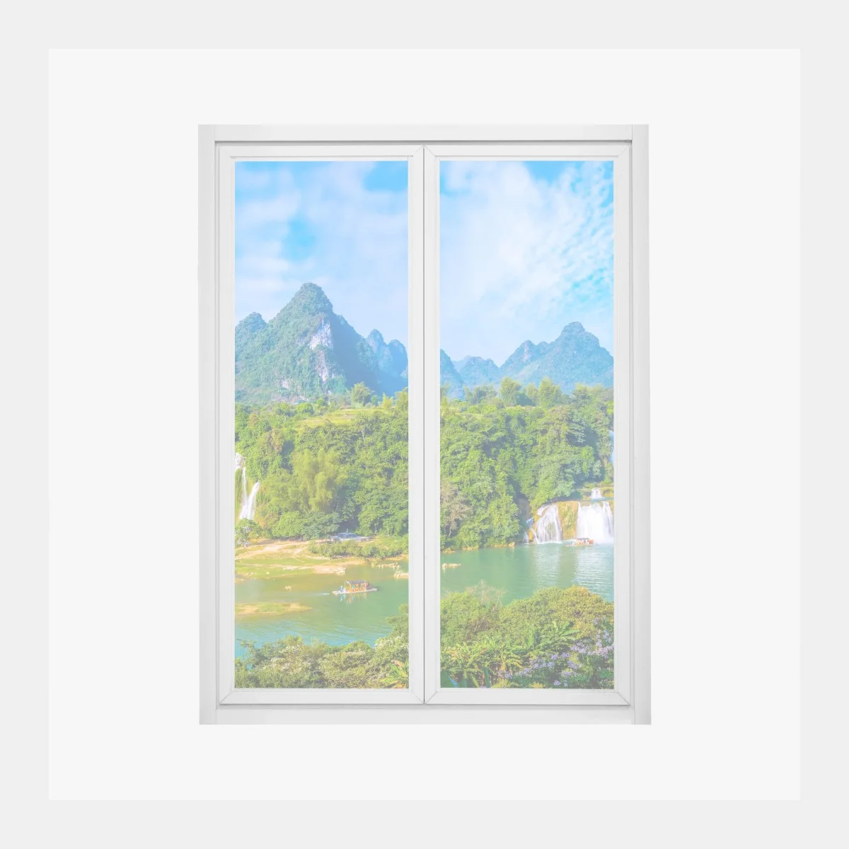 Fensteraufkleber üppige panoramaansicht eines wasserfalls mit karstbergen – Wallnifity® Fensteraufkleber üppige panoramaansicht eines wasserfalls mit karstbergen – Wallnifity®