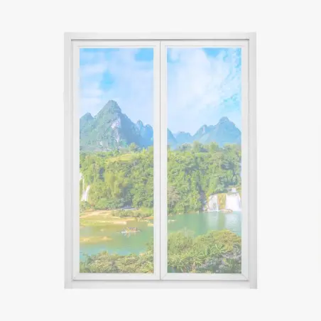 Fensteraufkleber üppige panoramaansicht eines wasserfalls mit karstbergen – Wallnifity®