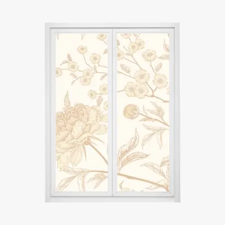 Fensteraufkleber vintage beiges blumenmuster mit pfingstrosen – Wallnifity®