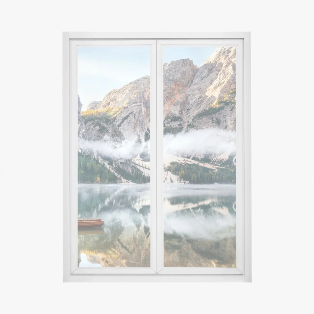 Fensteraufkleber nebliger alpensee mit spiegelung – Wallnifity® Fensteraufkleber nebliger alpensee mit spiegelung – Wallnifity®