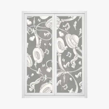 Fensteraufkleber monochromatisches muster mit kopfhörern und noten – Wallnifity®