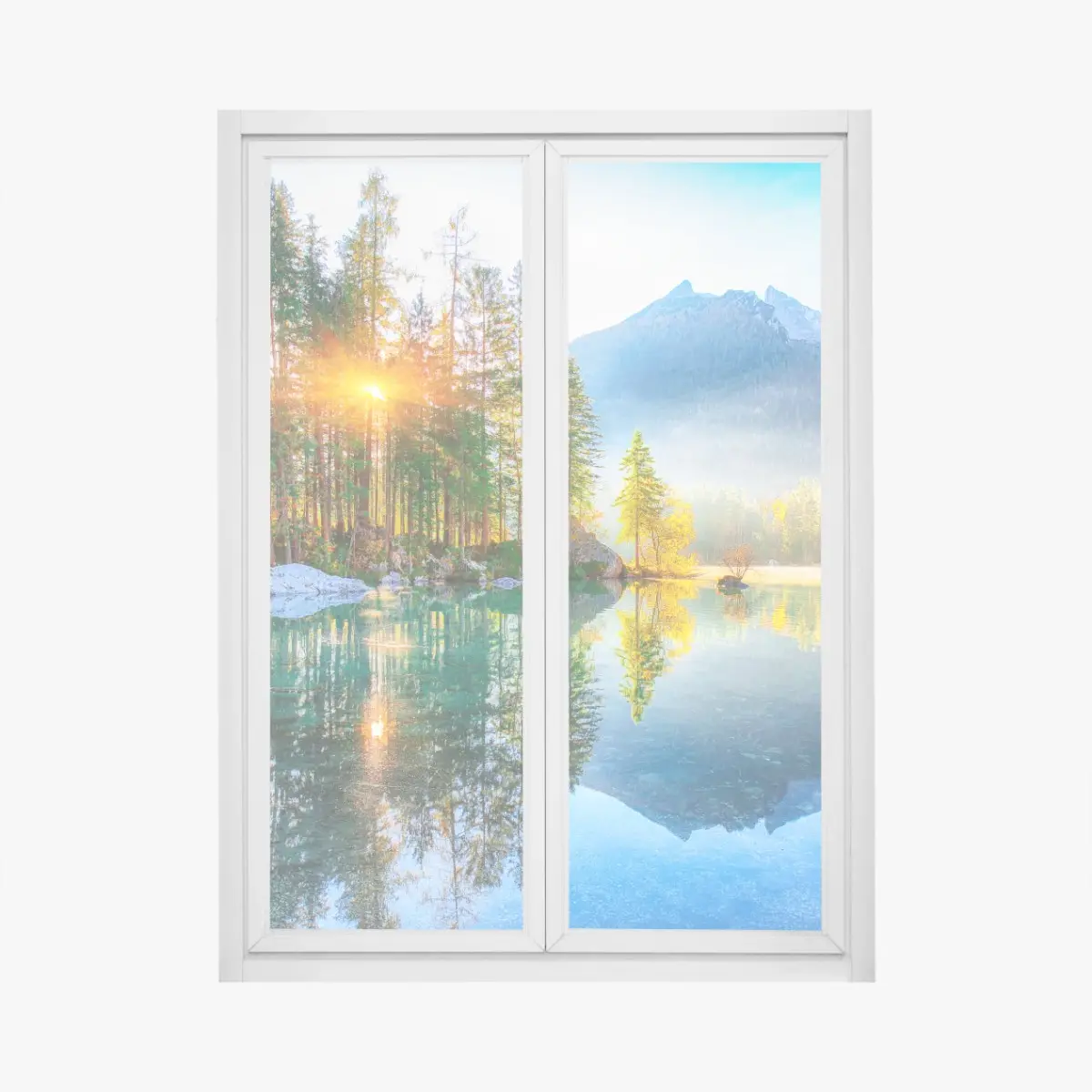 Fensteraufkleber Hintersee herbstlicher sonnenaufgang über dem türkisfarbenen see – Wallnifity® Fensteraufkleber Hintersee herbstlicher sonnenaufgang über dem türkisfarbenen see – Wallnifity®