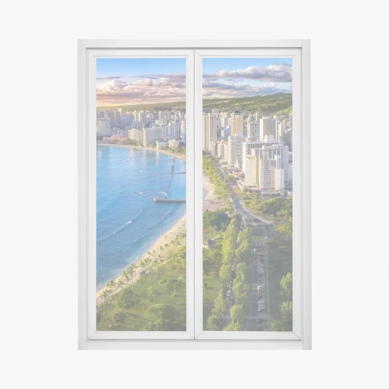 Fensteraufkleber skyline einer küstenstadt bei sonnenuntergang