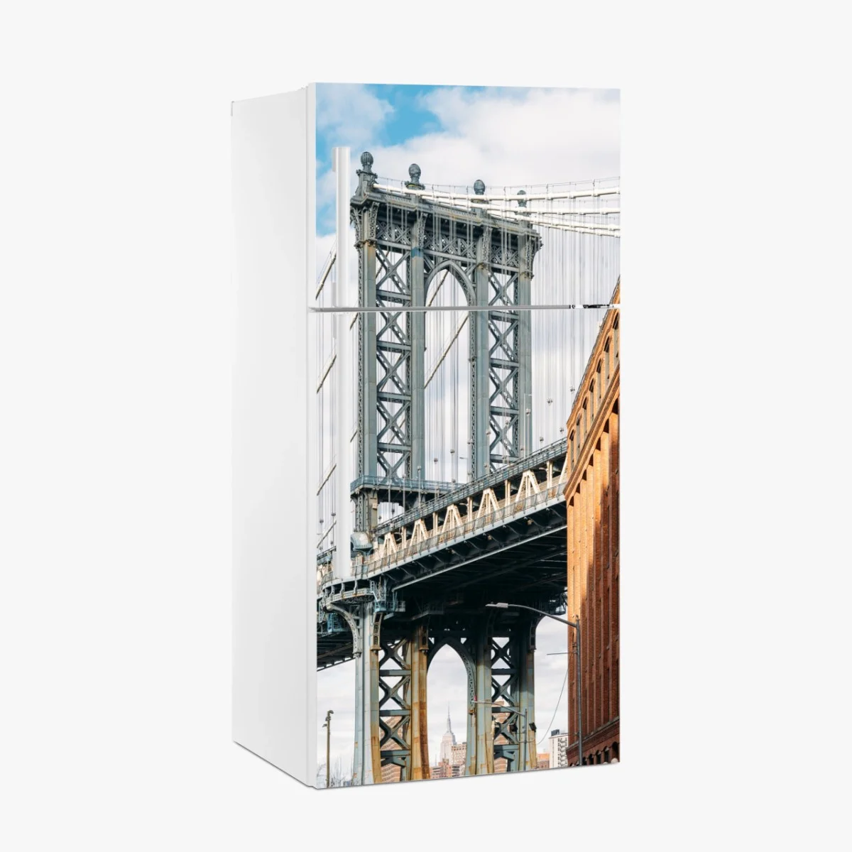 Kühlschrankaufkleber Brooklyn brücke eingerahmt von backsteingebäuden – Wallnifity® Kühlschrankaufkleber Brooklyn brücke eingerahmt von backsteingebäuden – Wallnifity®