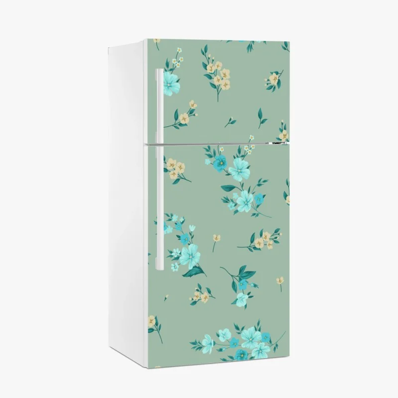 Kühlschrankaufkleber pastell türkis blumenmuster auf salbeigrünem hintergrund