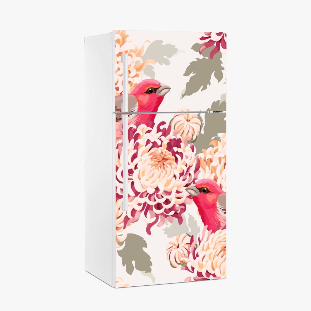 Kühlschrankaufkleber rosa vögel und chryzanthemenmuster – Wallnifity®