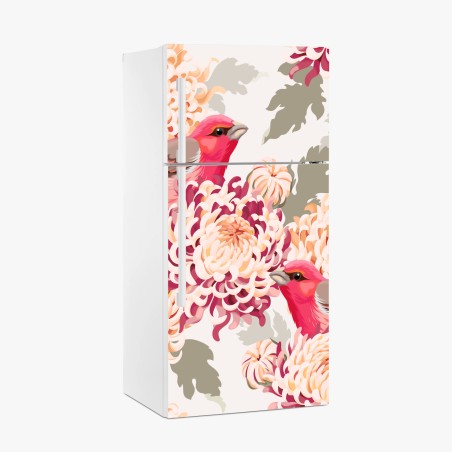 Kühlschrankaufkleber rosa vögel und chryzanthemenmuster – Wallnifity®
