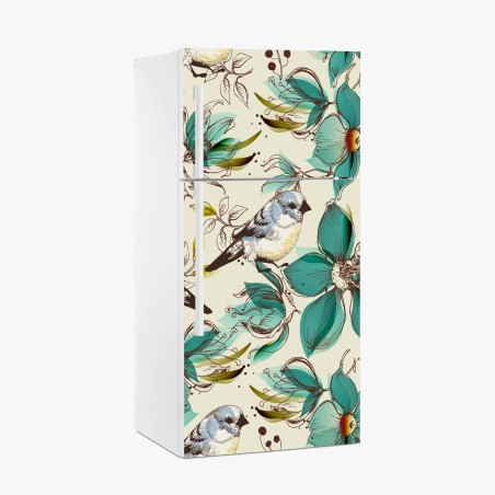 Kühlschrankaufkleber retro türkis blumen- und vogelmuster – Wallnifity®