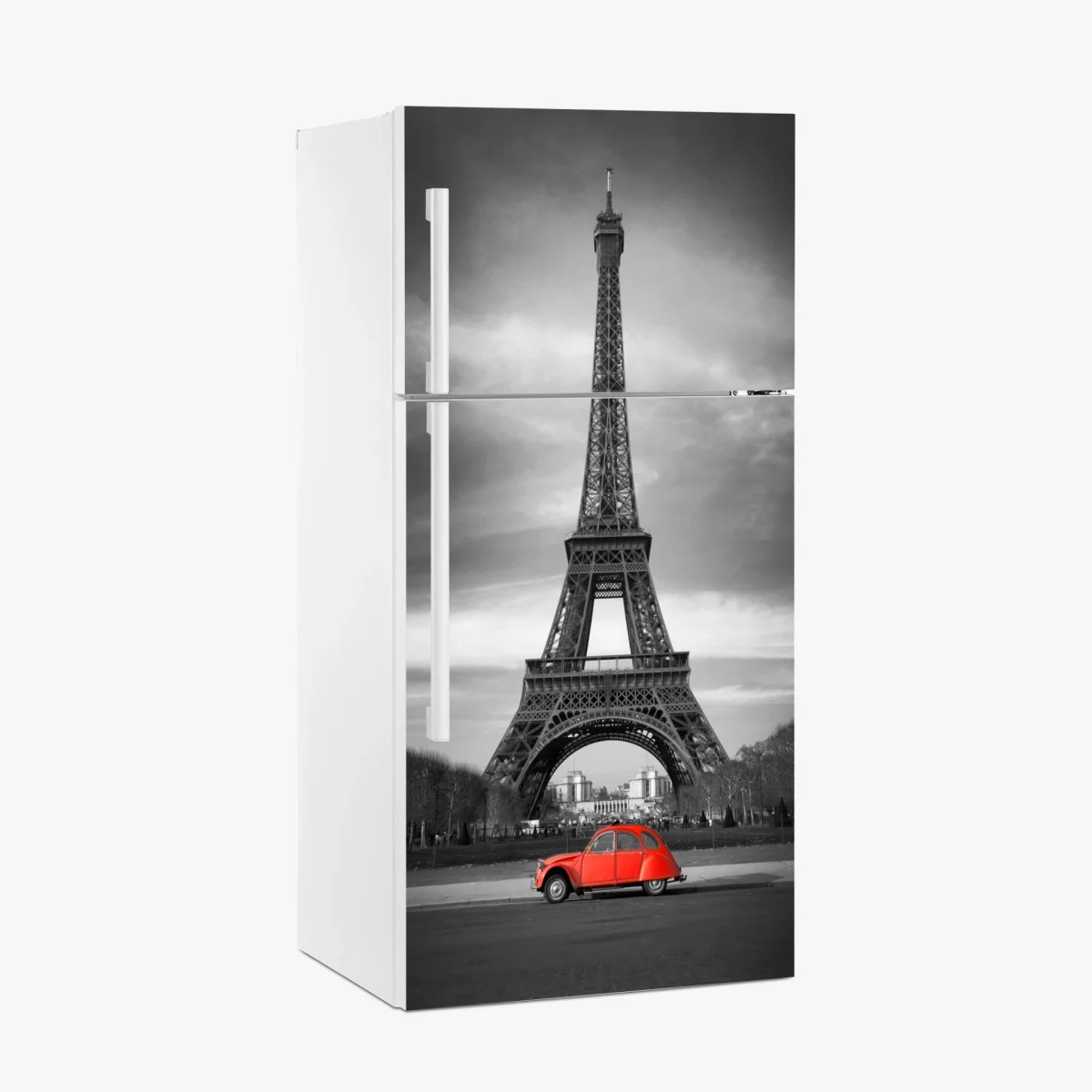 Kühlschrankaufkleber Eiffelturm mit rotem vintage-auto – Wallnifity® Kühlschrankaufkleber Eiffelturm mit rotem vintage-auto – Wallnifity®