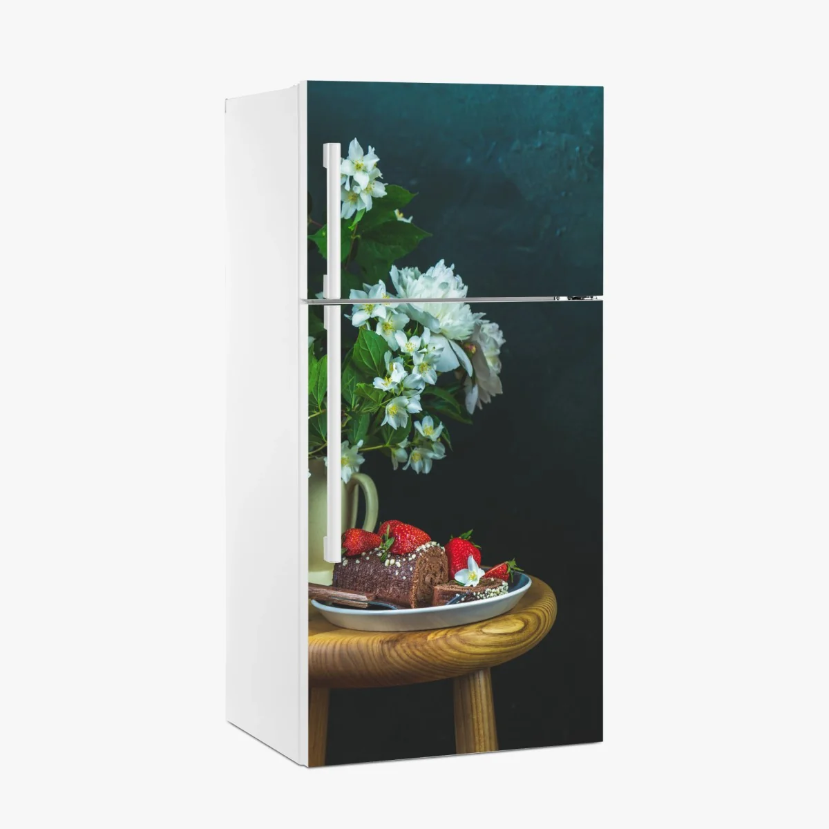 Kühlschrankaufkleber schokoladenrolle mit erdbeeren und weißen blüten – Wallnifity® Kühlschrankaufkleber schokoladenrolle mit erdbeeren und weißen blüten – Wallnifity®