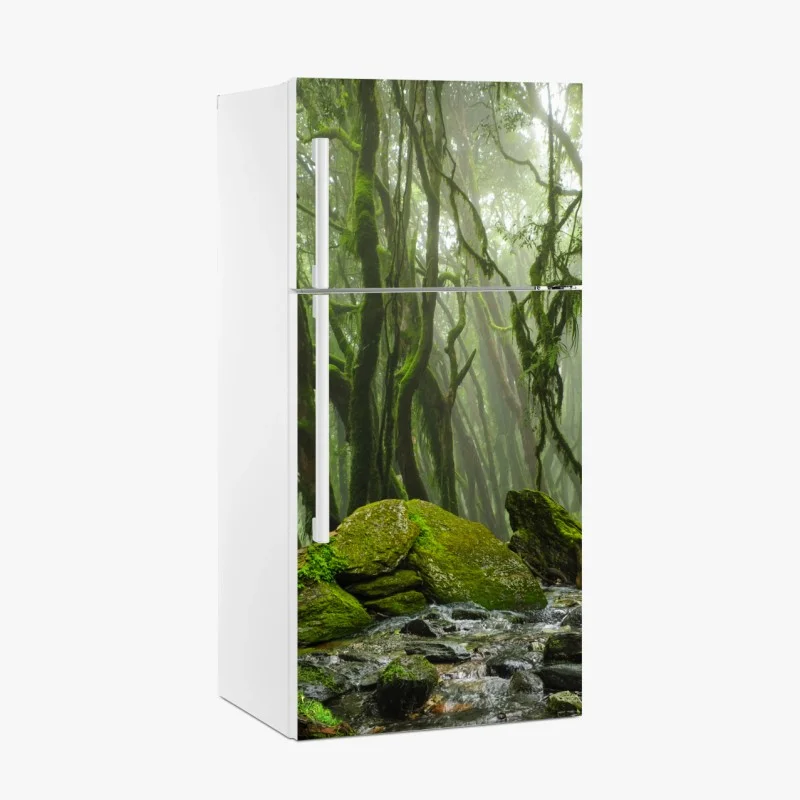 Kühlschrankaufkleber moosiger wald mit bach im nebel