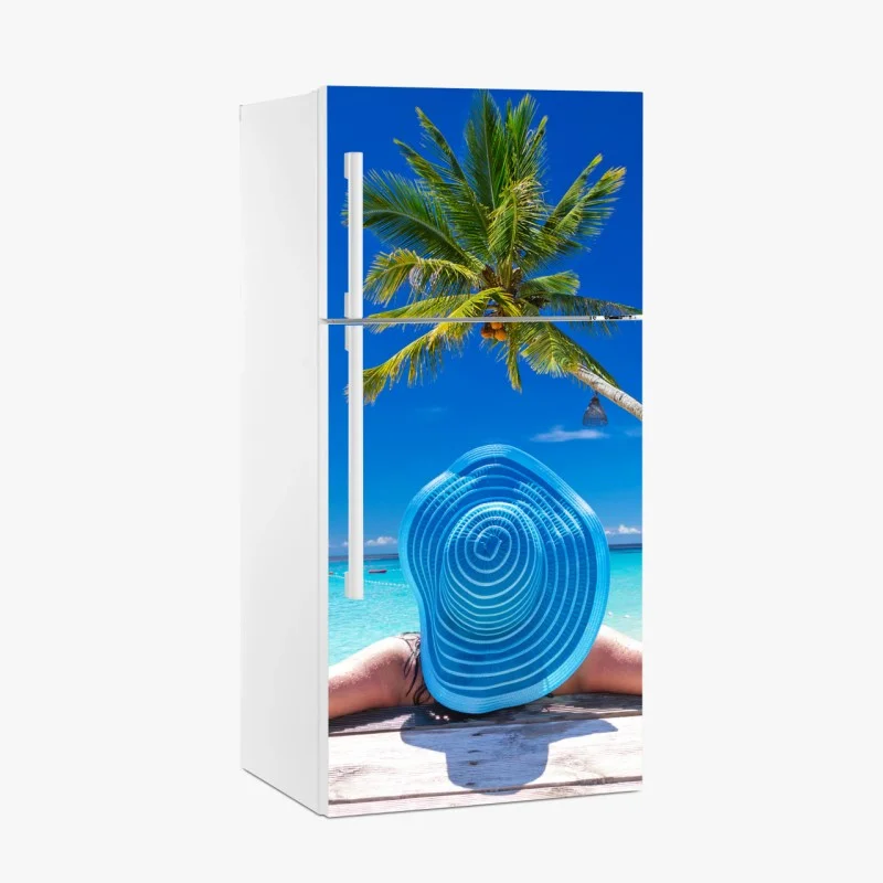 Kühlschrankaufkleber tropischer strand mit blauem sonnenhut