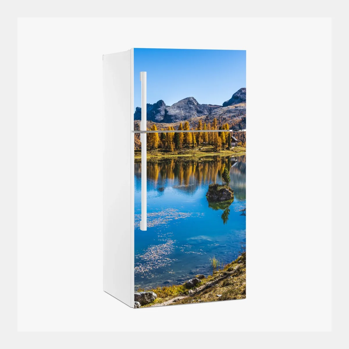 Kühlschrankaufkleber herbstlicher alpensee mit bergreflexion – Wallnifity® Kühlschrankaufkleber herbstlicher alpensee mit bergreflexion – Wallnifity®