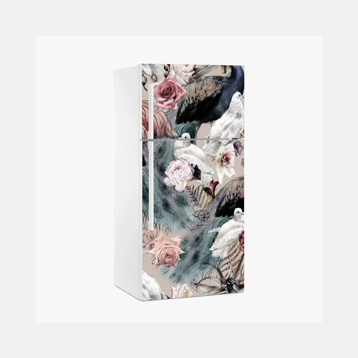 Kühlschrankaufkleber aquarellmuster mit vögeln und rosen – Wallnifity® Kühlschrankaufkleber aquarellmuster mit vögeln und rosen – Wallnifity®