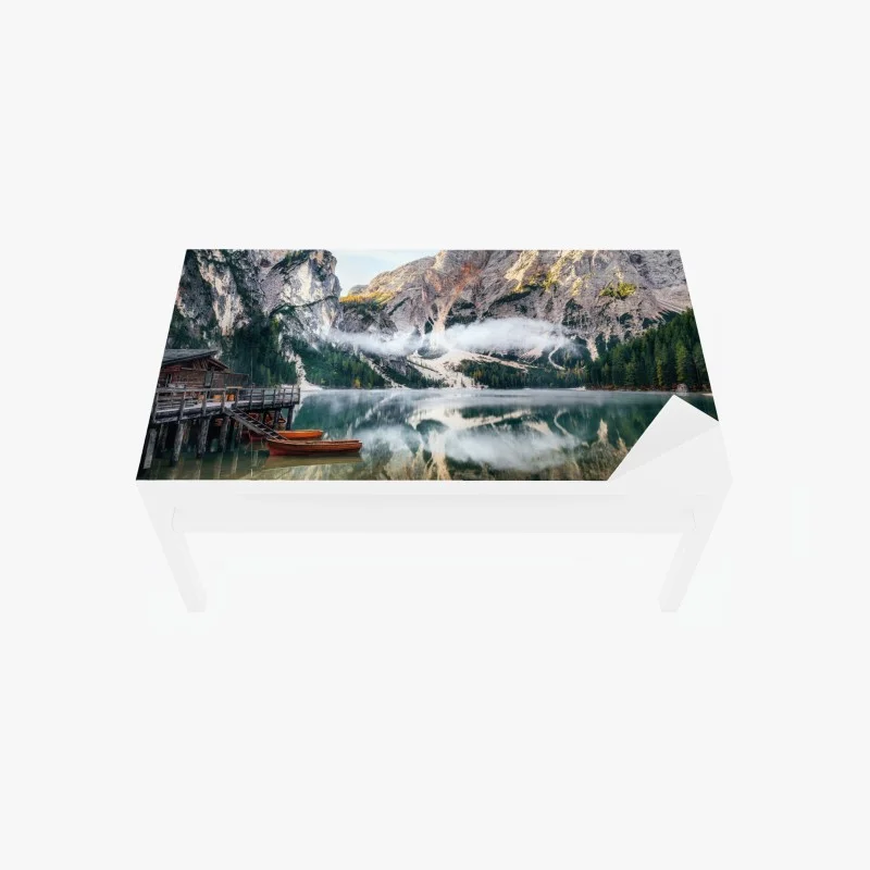 Tischaufkleber und Schreibtischaufkleber nebliger alpensee mit spiegelung