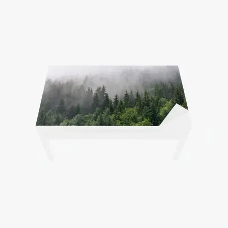 Tischaufkleber und Schreibtischaufkleber nebliger immergrüner wald panorama – Wallnifity®