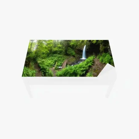Tischaufkleber und Schreibtischaufkleber üppiger waldwasserfall panorama – Wallnifity®