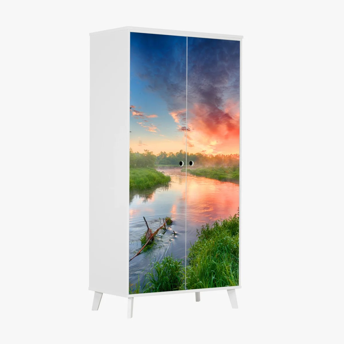 Schrankaufkleber sonnenaufgang über einem nebligen flussufer – Wallnifity® Schrankaufkleber sonnenaufgang über einem nebligen flussufer – Wallnifity®