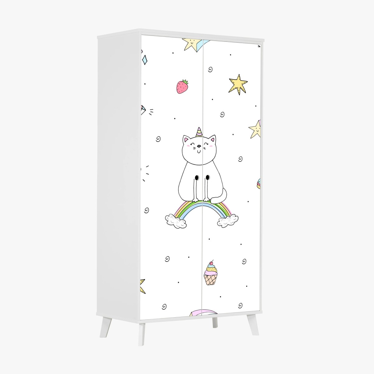 Schrankaufkleber pastell-einhornkatze auf dem regenbogen – Wallnifity®