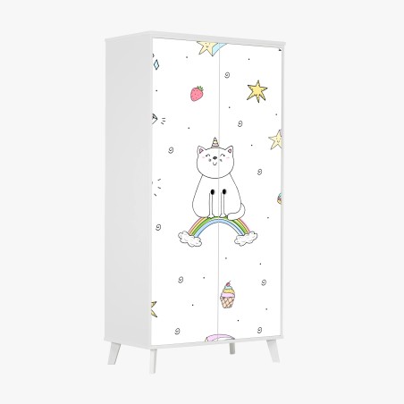 Schrankaufkleber pastell-einhornkatze auf dem regenbogen – Wallnifity®