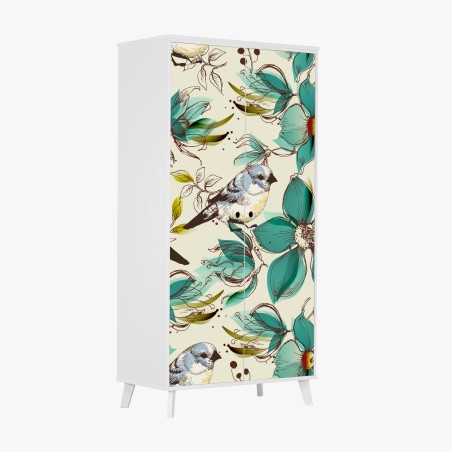 Schrankaufkleber retro türkis blumen- und vogelmuster – Wallnifity®