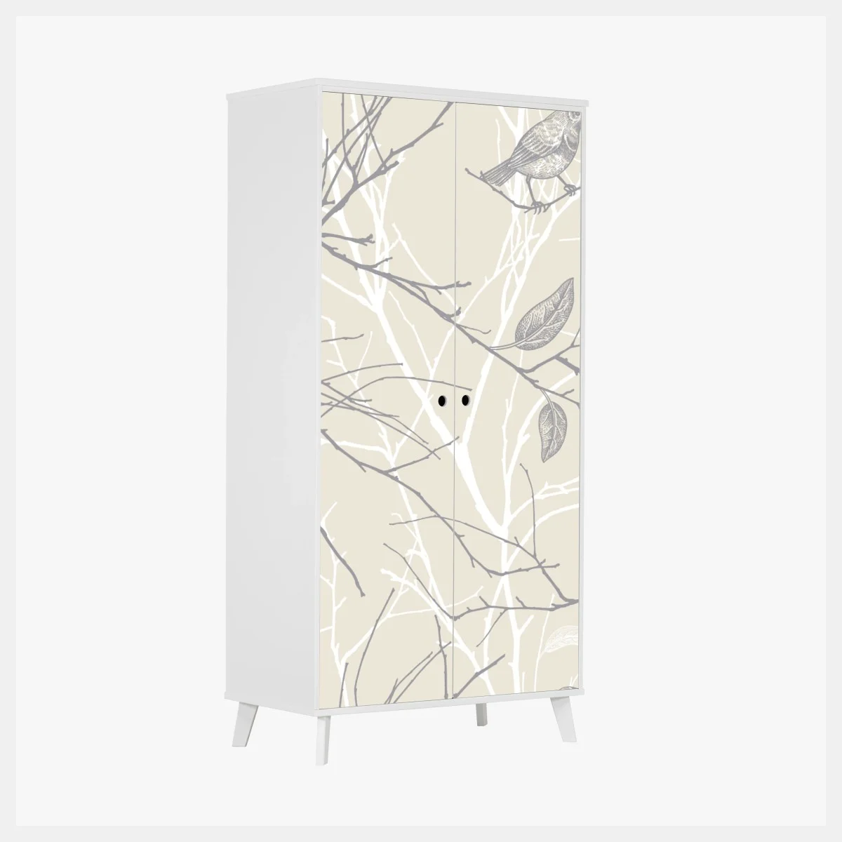 Schrankaufkleber zartes beiges muster mit vögeln und ästen – Wallnifity® Schrankaufkleber zartes beiges muster mit vögeln und ästen – Wallnifity®