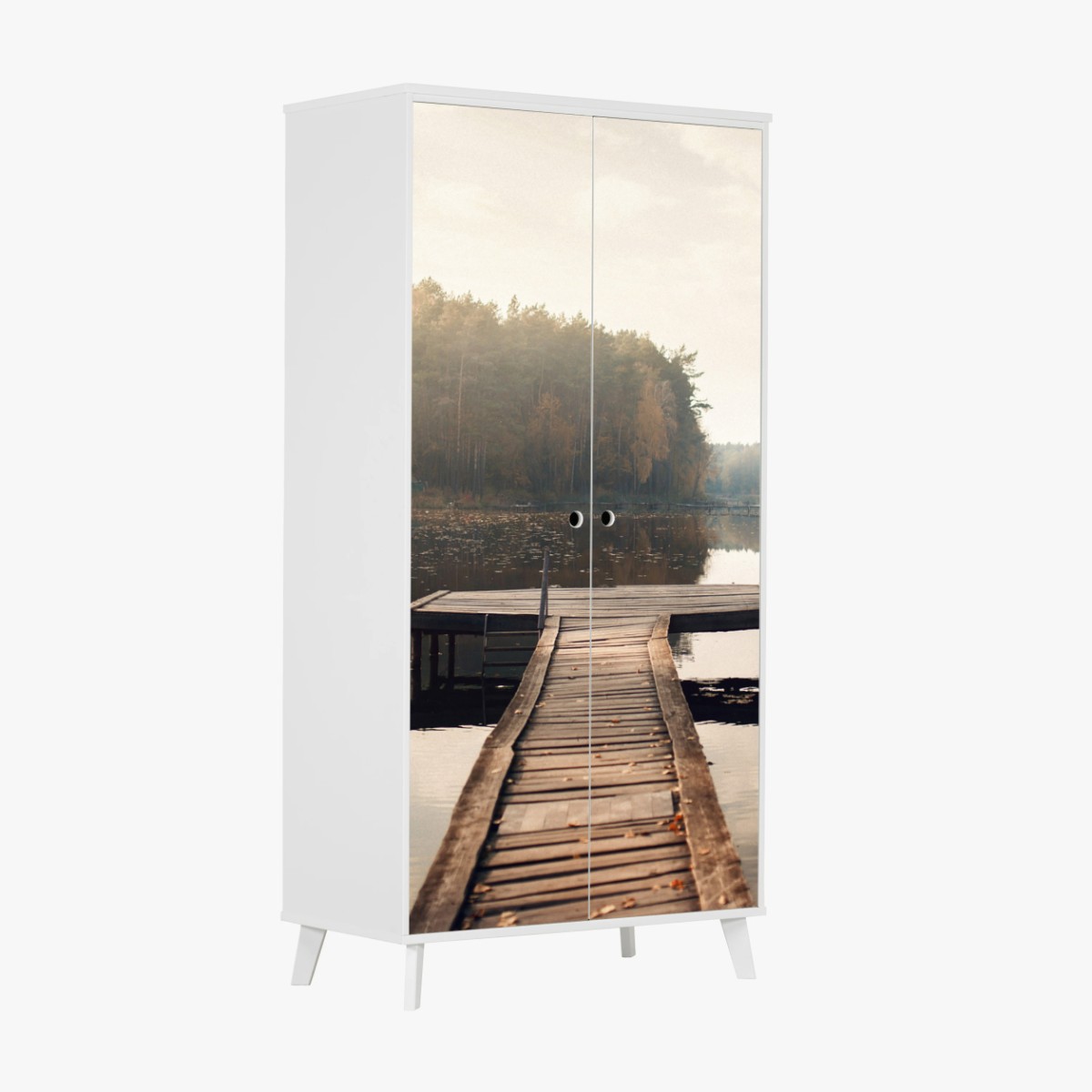 Schrankaufkleber herbstmorgen am see mit hölzernem steg – Wallnifity®
