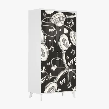 Schrankaufkleber monochromatisches muster mit kopfhörern und noten – Wallnifity®