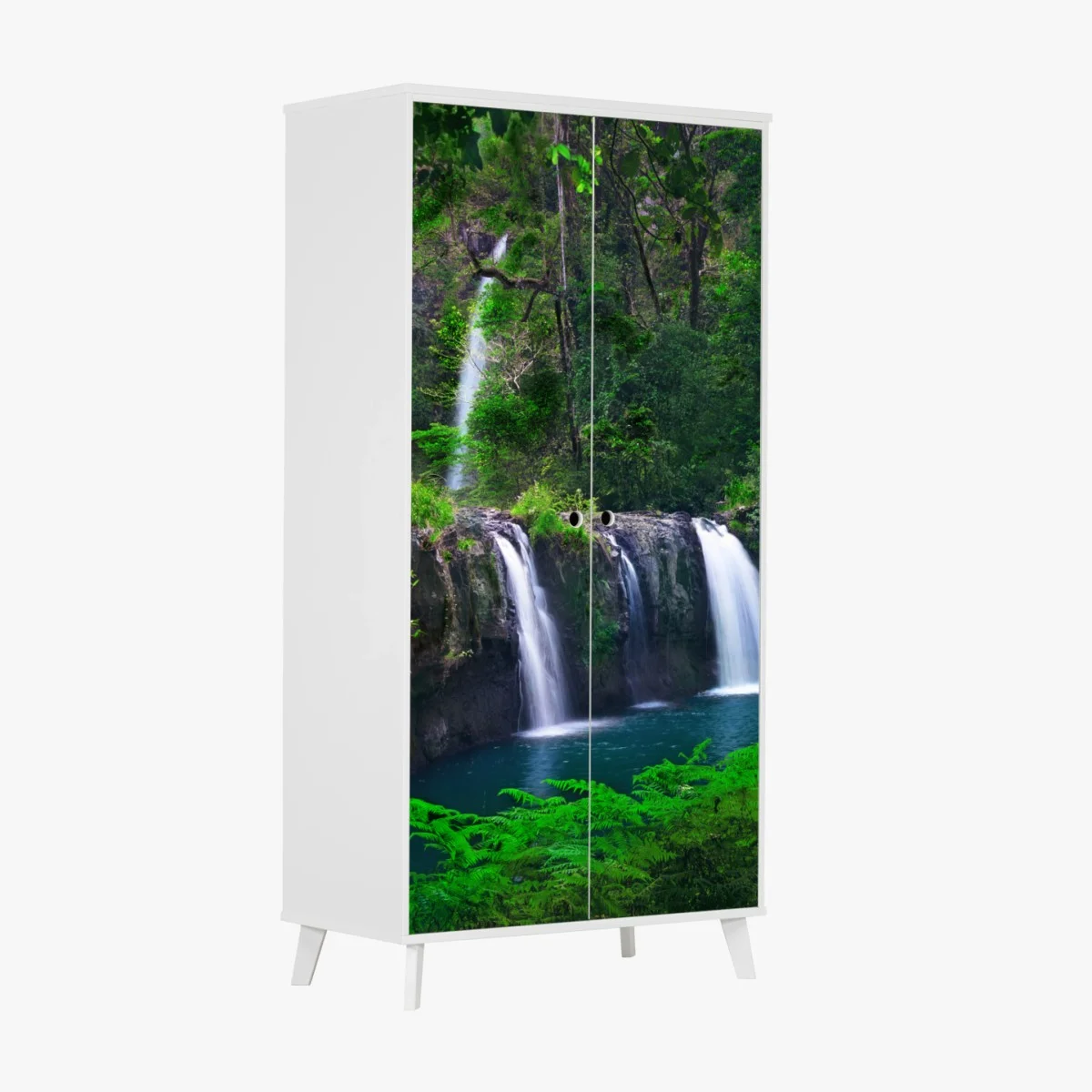 Schrankaufkleber beruhigender wasserfall im smaragdgrünen wald – Wallnifity® Schrankaufkleber beruhigender wasserfall im smaragdgrünen wald – Wallnifity®