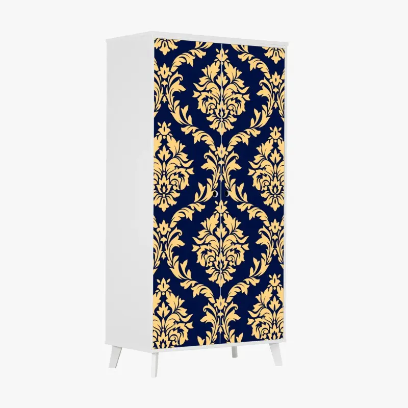 Schrankaufkleber elegantes goldenes damastmuster auf tiefblauem hintergrund