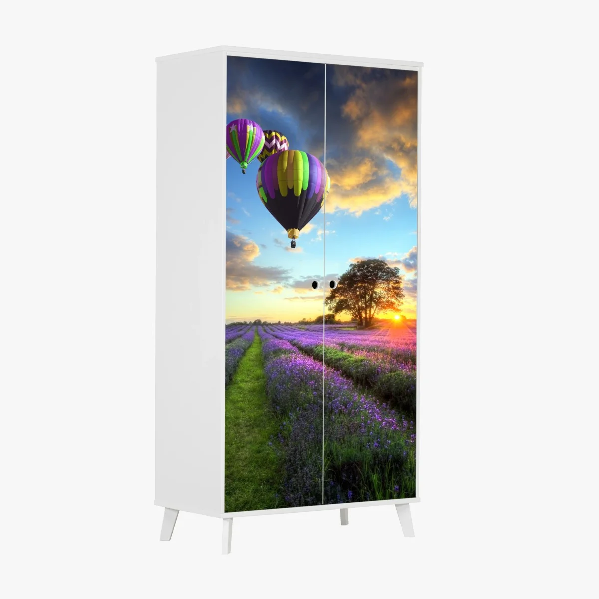 Schrankaufkleber lavendersonnenuntergang mit bunten heißluftballons – Wallnifity® Schrankaufkleber lavendersonnenuntergang mit bunten heißluftballons – Wallnifity®