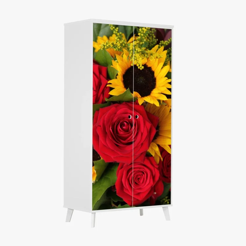 Schrankaufkleber rote rosen und sonnenblumen im bukett
