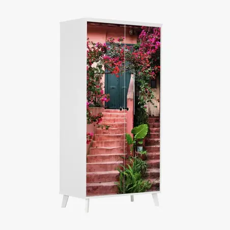 Schrankaufkleber treppe mit bougainvillea und grünen pflanzen – Wallnifity®