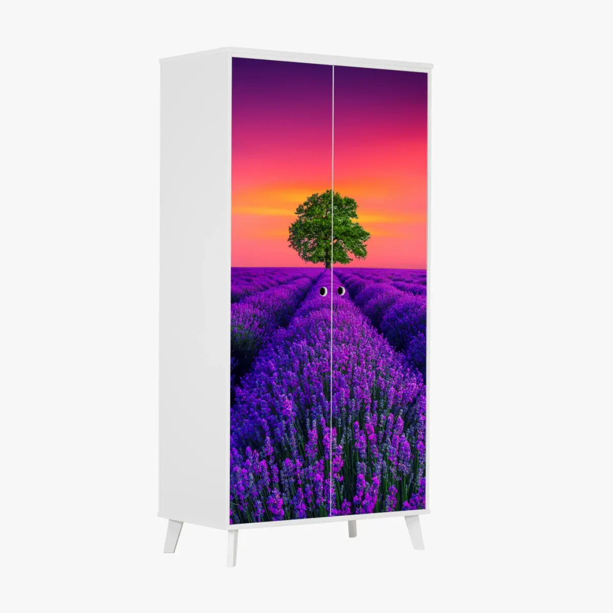 Schrankaufkleber lavendelfeld bei sonnenuntergang mit einsamem baum – Wallnifity®