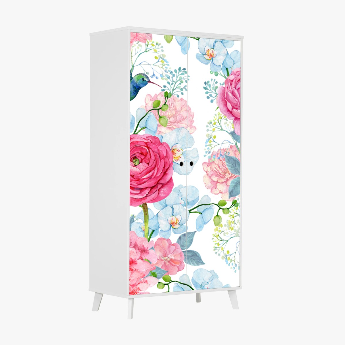 Schrankaufkleber rosa aquarell blumengarten mit kolibri – Wallnifity®